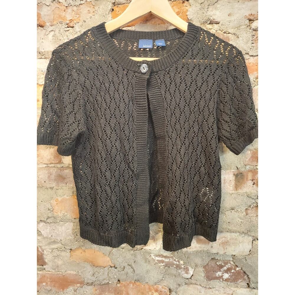 Basic Editions Womens Cardigan M Dark Gray Short Sleeve Open Knit Shrug Button